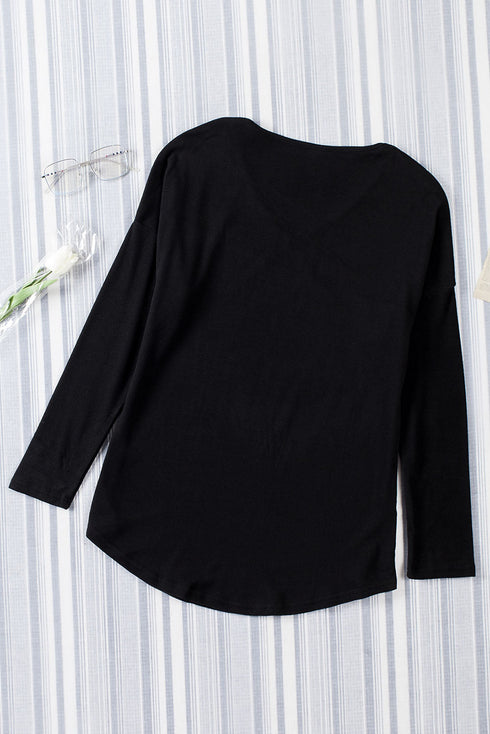 Solid Color V Neck Long Sleeve Knit Top