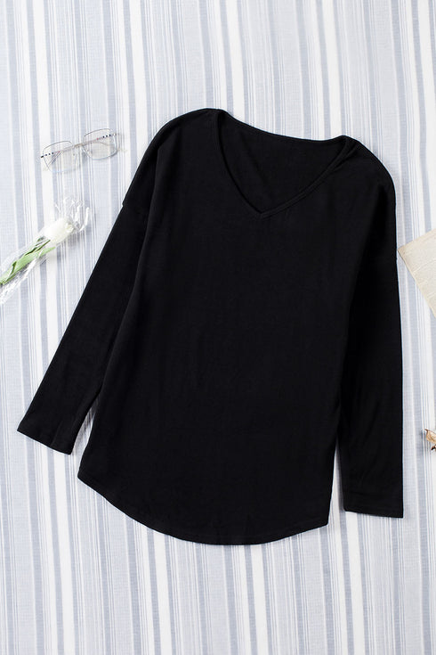 Solid Color V Neck Long Sleeve Knit Top