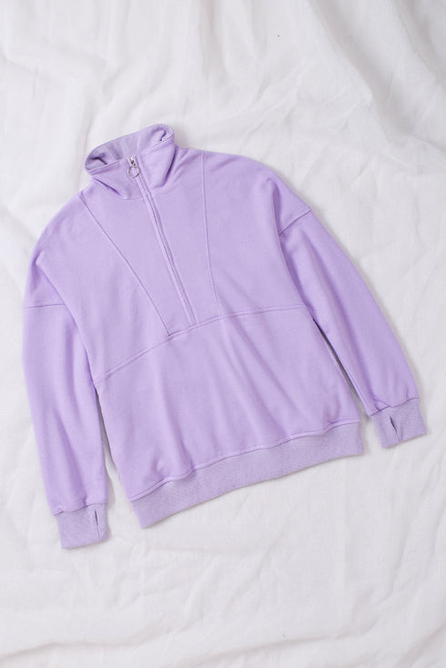 Solid Color Zip Collar Sweatshirt With Pockets