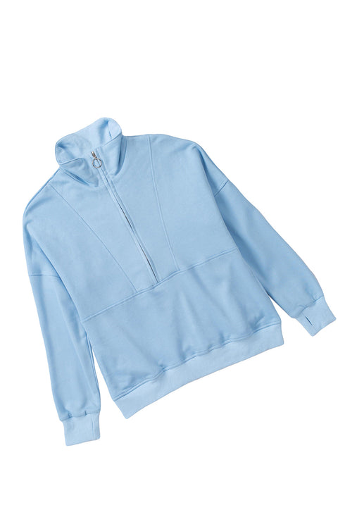Solid Color Zip Collar Sweatshirt With Pockets