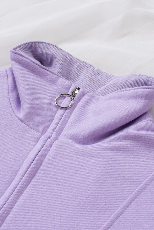 Solid Color Zip Collar Sweatshirt With Pockets