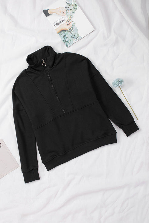 Solid Color Zip Collar Sweatshirt With Pockets