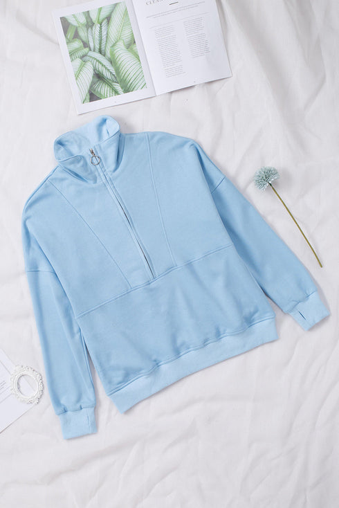 Solid Color Zip Collar Sweatshirt With Pockets