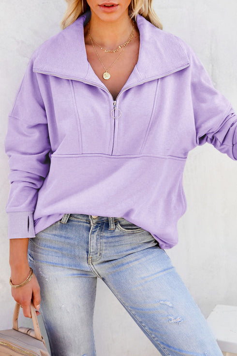 Solid Color Zip Collar Sweatshirt With Pockets