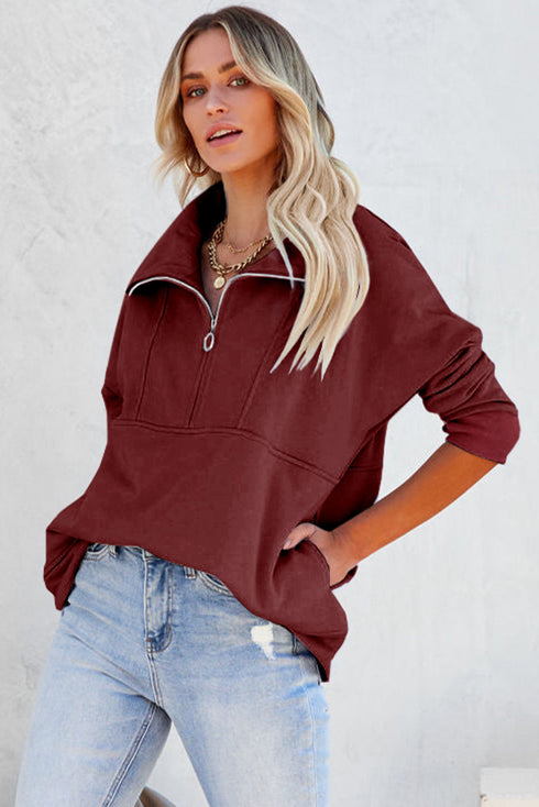 Solid Color Zip Collar Sweatshirt With Pockets