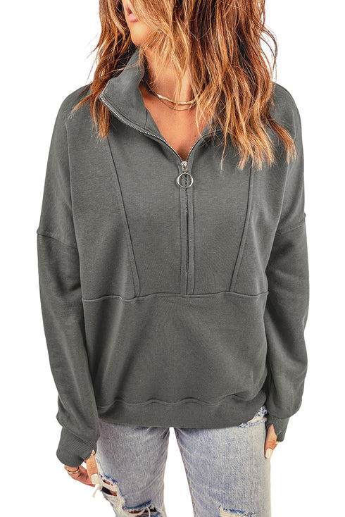Solid Color Zip Collar Sweatshirt With Pockets