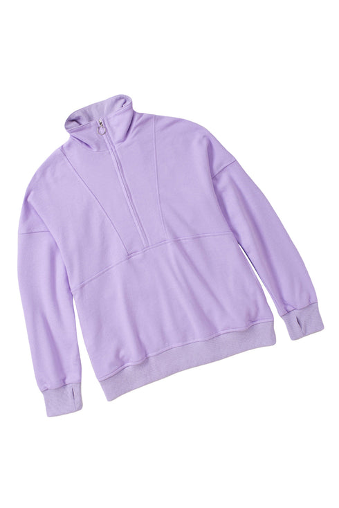Solid Color Zip Collar Sweatshirt With Pockets