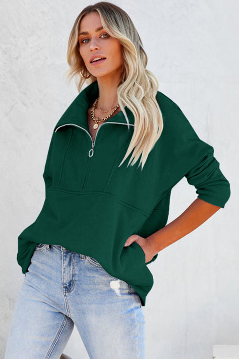 Solid Color Zip Collar Sweatshirt With Pockets