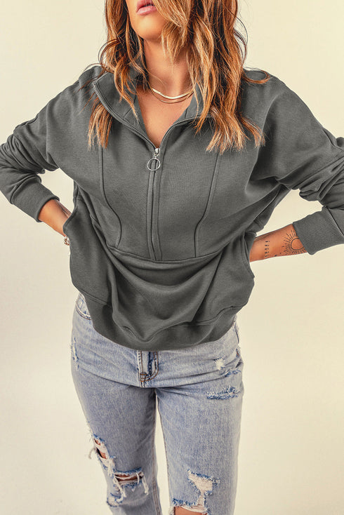 Solid Color Zip Collar Sweatshirt With Pockets