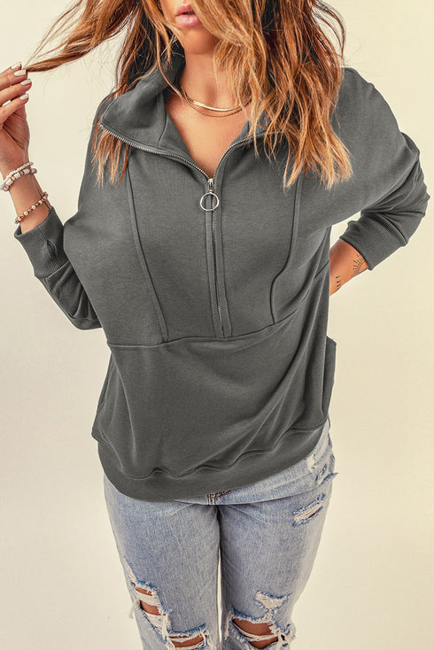 Solid Color Zip Collar Sweatshirt With Pockets