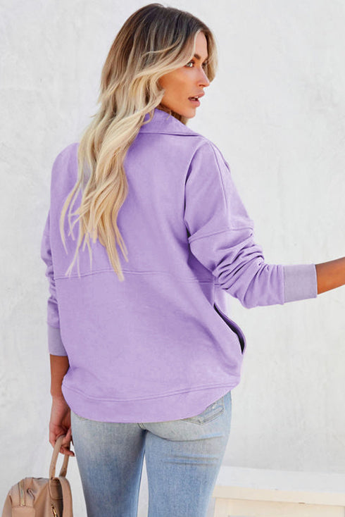 Solid Color Zip Collar Sweatshirt With Pockets