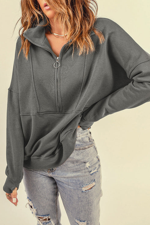 Solid Color Zip Collar Sweatshirt With Pockets