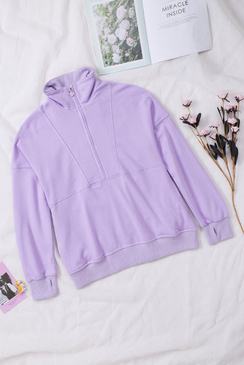 Solid Color Zip Collar Sweatshirt With Pockets