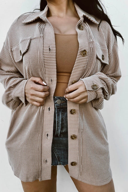 Solid Corded Drop Shoulder Casual Shacket Outerwear