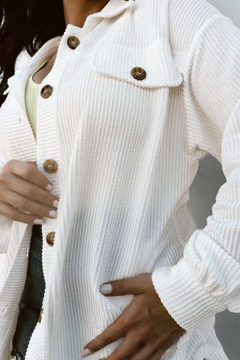 Solid Corded Drop Shoulder Casual Shacket Outerwear