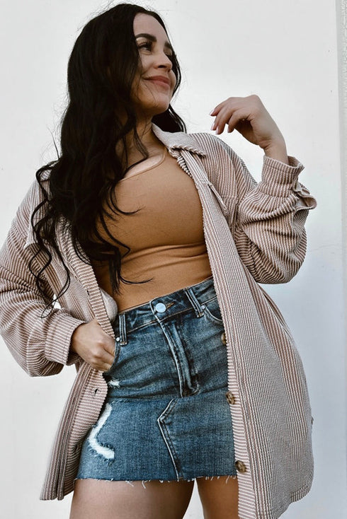 Solid Corded Drop Shoulder Casual Shacket Outerwear