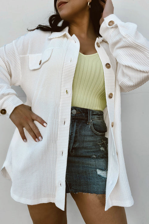 Solid Corded Drop Shoulder Casual Shacket Outerwear