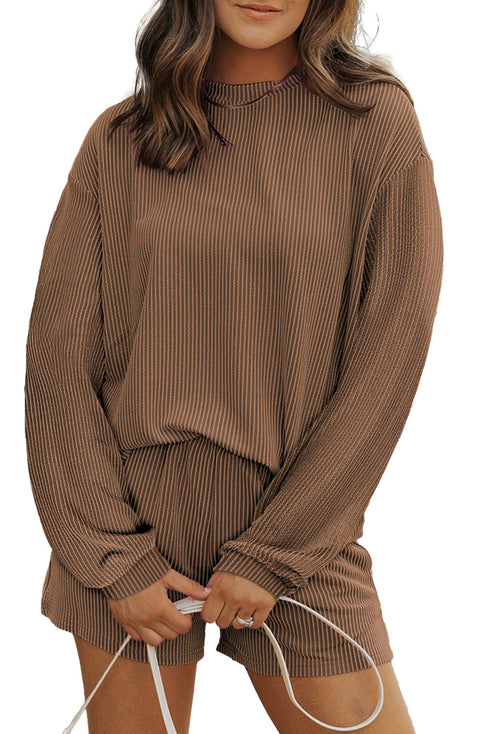 Solid Corded Knit Long Sleeve High Waist Short Set