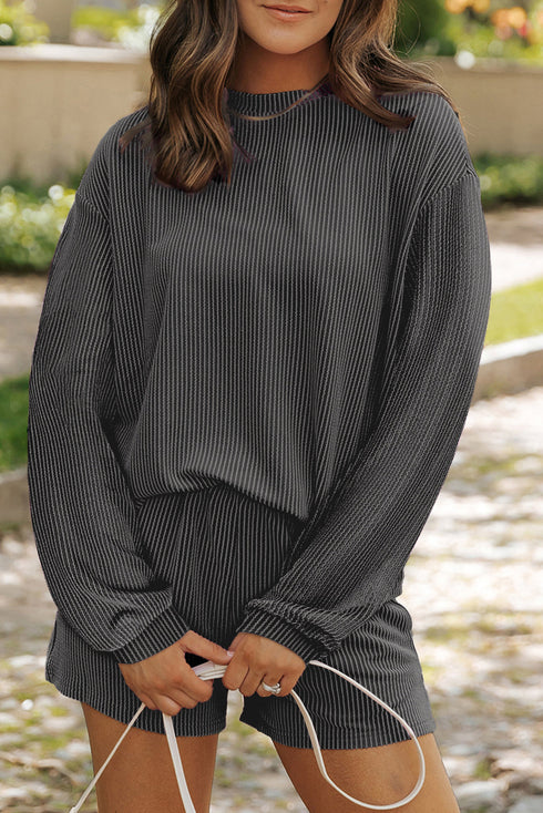 Solid Corded Knit Long Sleeve High Waist Short Set