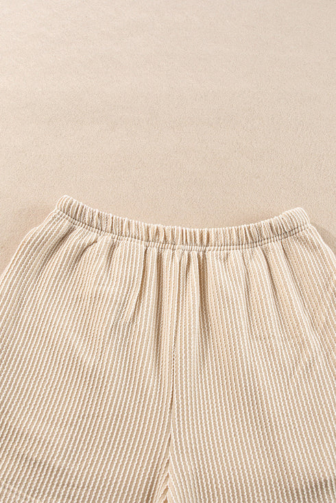 Solid Corded Knit Long Sleeve High Waist Short Set