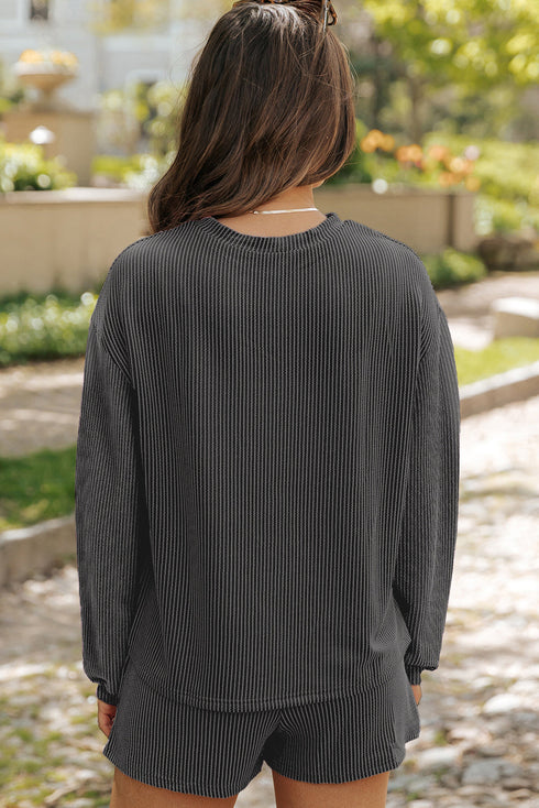 Solid Corded Knit Long Sleeve High Waist Short Set