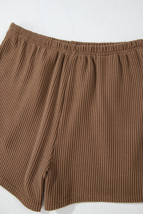 Solid Corded Knit Long Sleeve High Waist Short Set