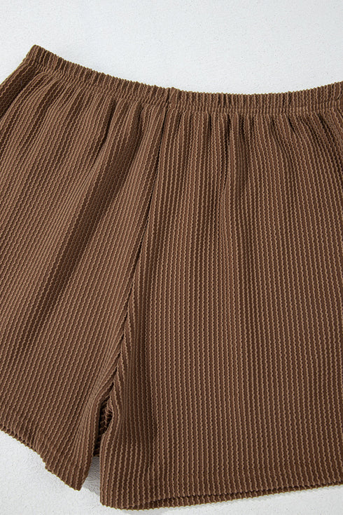 Solid Corded Knit Long Sleeve High Waist Short Set