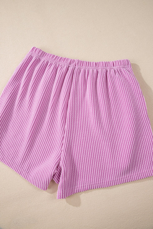 Solid Corded Knit Long Sleeve High Waist Short Set