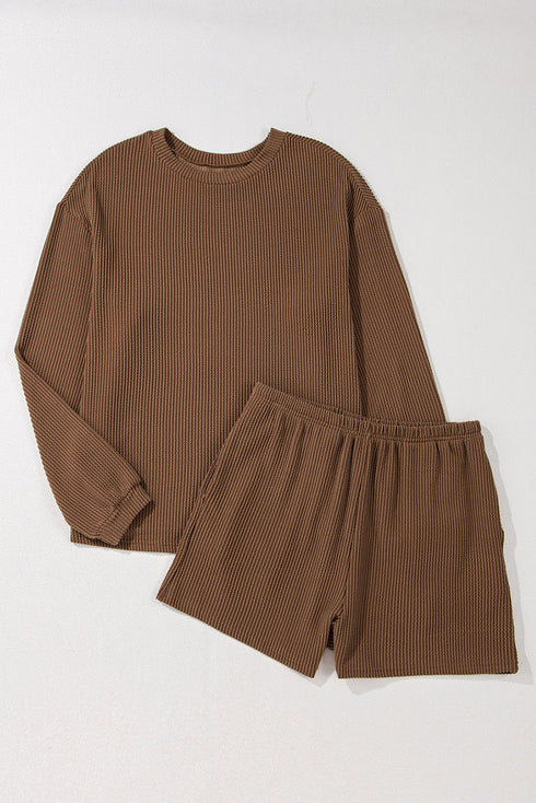 Solid Corded Knit Long Sleeve High Waist Short Set