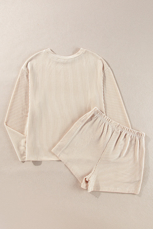 Solid Corded Knit Long Sleeve High Waist Short Set
