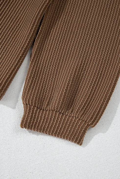 Solid Corded Knit Long Sleeve High Waist Short Set