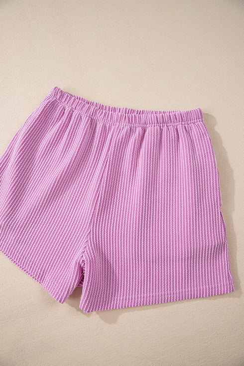 Solid Corded Knit Long Sleeve High Waist Short Set
