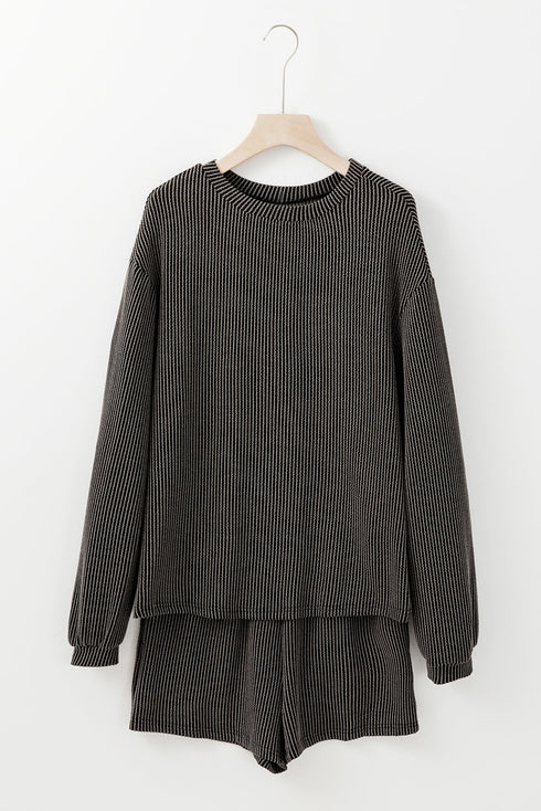 Solid Corded Knit Long Sleeve High Waist Short Set