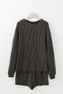 Solid Corded Knit Long Sleeve High Waist Short Set