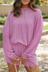 Solid Corded Knit Long Sleeve High Waist Short Set