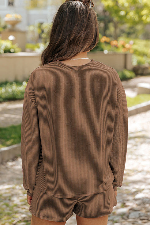 Solid Corded Knit Long Sleeve High Waist Short Set