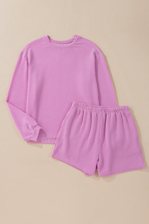 Solid Corded Knit Long Sleeve High Waist Short Set