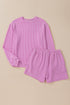 Solid Corded Knit Long Sleeve High Waist Short Set