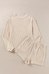 Solid Corded Knit Long Sleeve High Waist Short Set