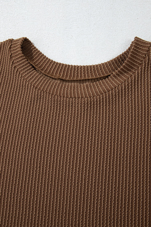 Solid Corded Knit Long Sleeve High Waist Short Set
