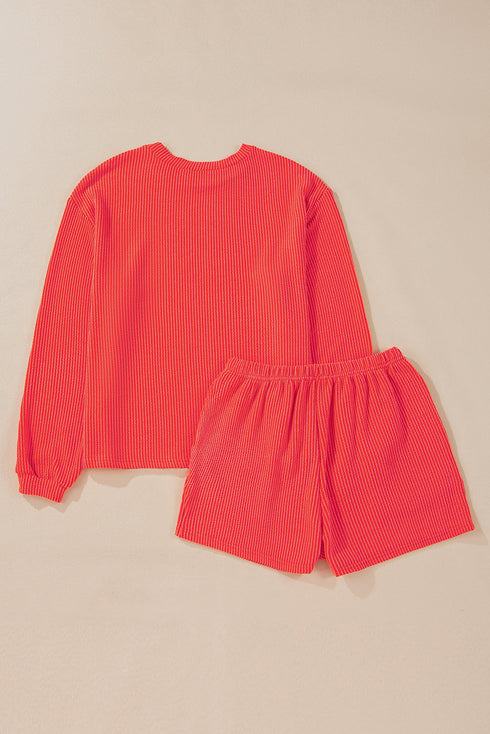 Solid Corded Knit Long Sleeve High Waist Short Set