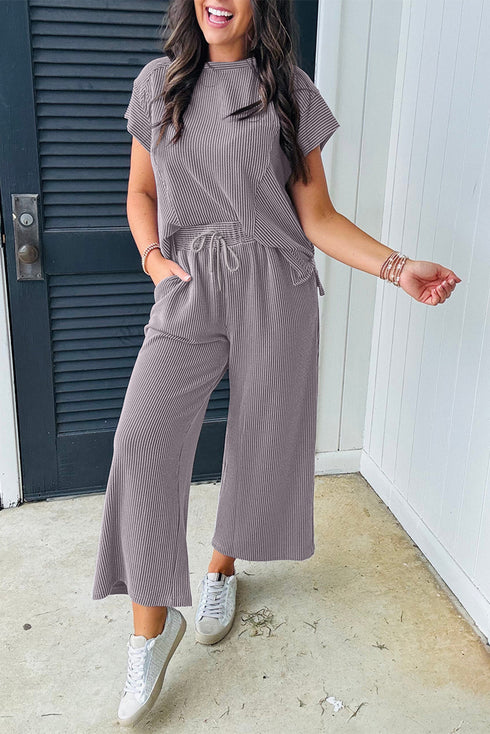 Solid Corded Knit Short Sleeve Wide Leg Pant Set