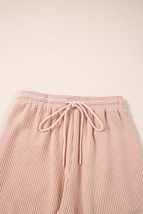 Solid Corded Knit Short Sleeve Wide Leg Pant Set