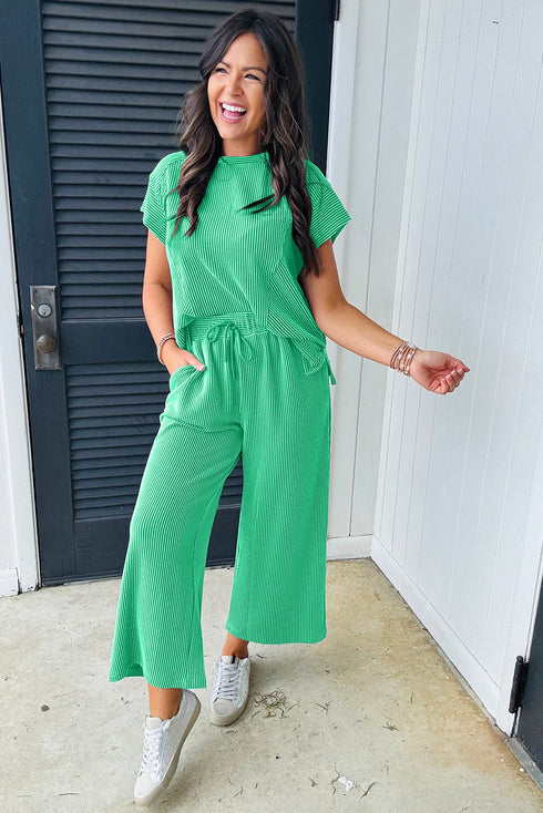 Solid Corded Knit Short Sleeve Wide Leg Pant Set