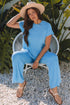Solid Corded Knit Short Sleeve Wide Leg Pant Set