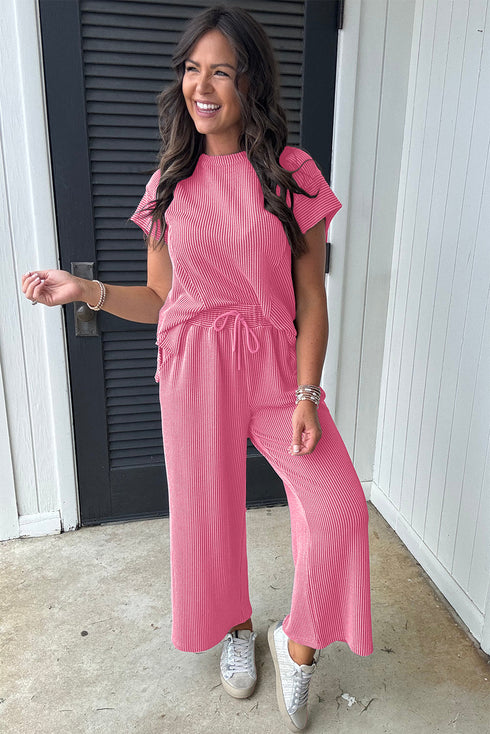 Solid Corded Knit Short Sleeve Wide Leg Pant Set
