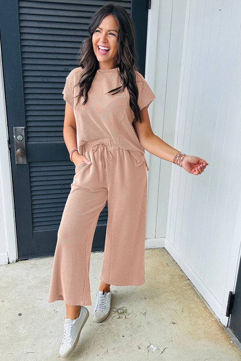 Solid Corded Knit Short Sleeve Wide Leg Pant Set