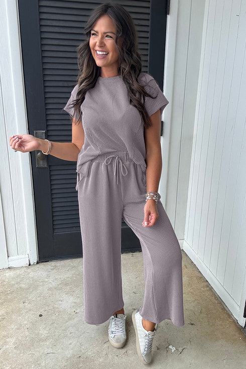 Solid Corded Knit Short Sleeve Wide Leg Pant Set