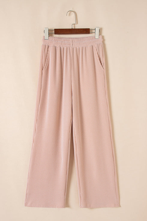Solid Corded Knit Short Sleeve Wide Leg Pant Set