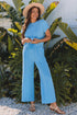 Solid Corded Knit Short Sleeve Wide Leg Pant Set